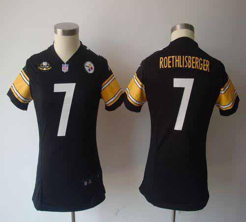 Nike Pittsburgh Steelers #7 Ben Roethlisberger Black Team Color With 80TH Patch Women's NFL Game Jersey