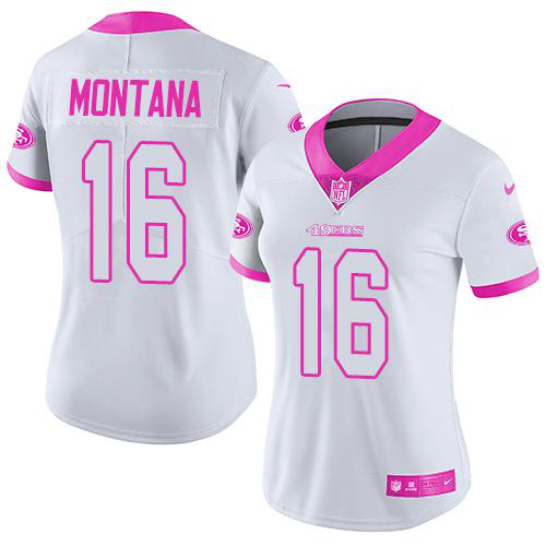 Nike San Francisco 49ers #16 Joe Montana White/Pink Women's Stitched NFL Limited Rush Fashion Jersey