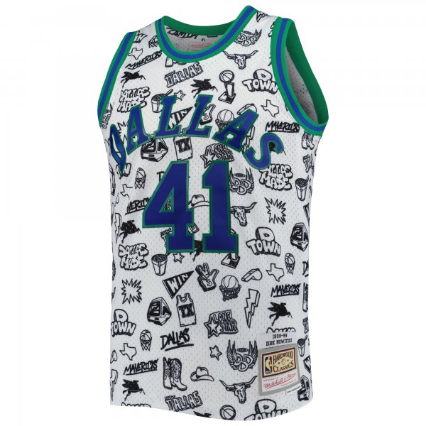 Men's Dallas Mavericks Dirk Nowitzki Mitchell & Ness White 1998/99 Hardwood Classics Doodle Swingman Jersey