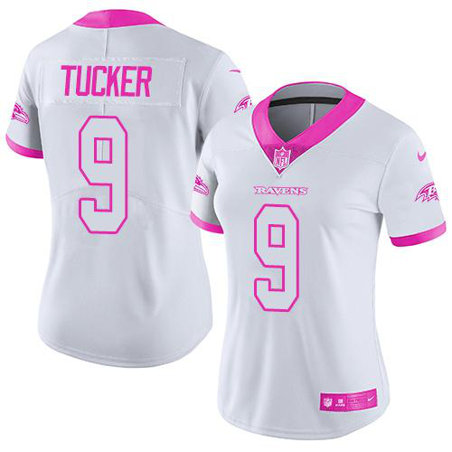 Nike Baltimore Ravens #9 Justin Tucker White/Pink Women's Stitched NFL Limited Rush Fashion Jersey