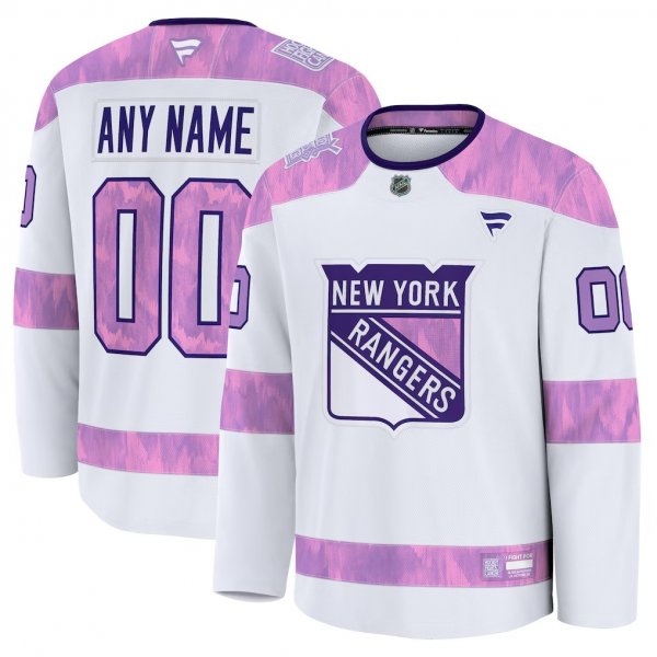 Men's New York Rangers Fanatics White 2024 Hockey Fights Cancer Custom Practice Jersey