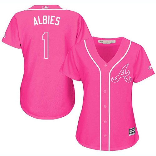 Atlanta Braves #1 Ozzie Albies Pink Fashion Women's Stitched MLB Jersey