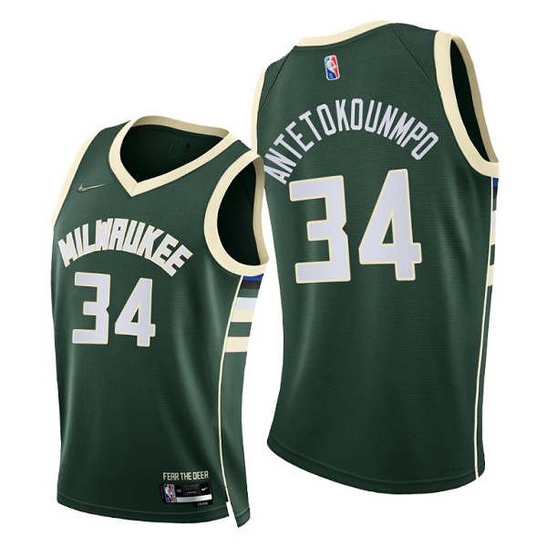 Men's Milwaukee Bucks #34 Giannis Antetokounmpo 2021-22 Diamond 75th Season Green Icon Edition NBA Jersey