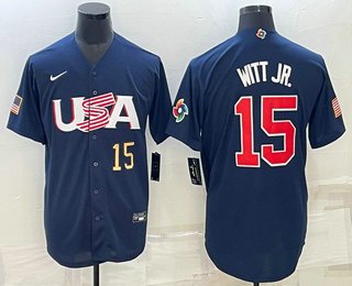 Men's USA Baseball #15 Bobby Witt Jr 2023 Navy World Baseball Classic Stitched Jersey