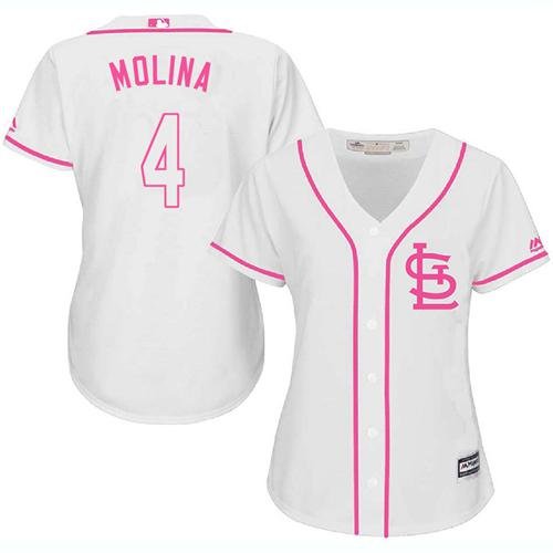 St. Louis Cardinals #4 Yadier Molina White/Pink Fashion Women's Stitched MLB Jersey