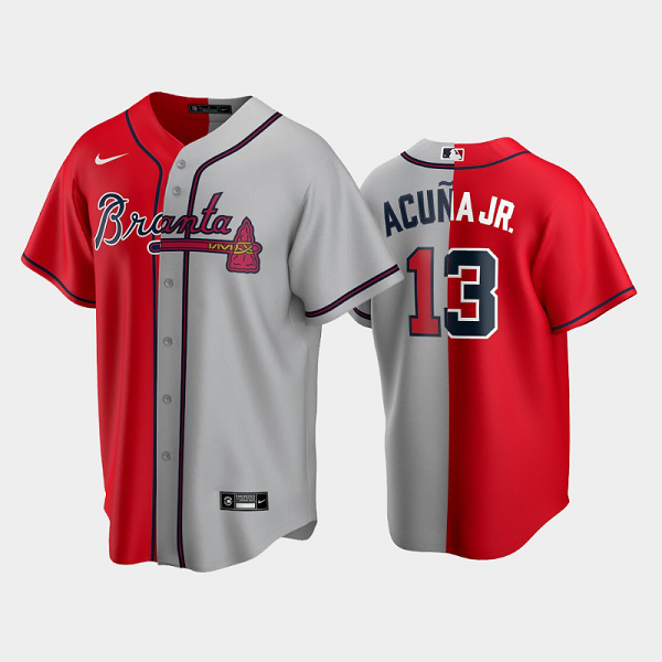 Men's Atlanta Braves Replica MLB Jersey #13 Ronald Acuna Jr. Red-Gray Split