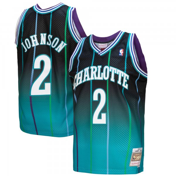 Men's Charlotte Hornets Larry Johnson Mitchell & Ness Teal/Black 1992/93 Hardwood Classics Fadeaway Swingman Player Jersey