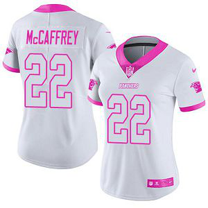 Nike Carolina Panthers #22 Christian McCaffrey White/Pink Women's Stitched NFL Limited Rush Fashion Jersey