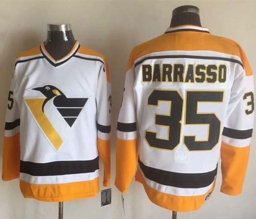 Pittsburgh Penguins #35 Tom Barrasso White/Yellow CCM Throwback Stitched NHL Jersey