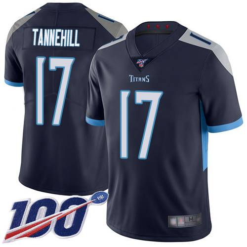 Men's #17 Ryan Tannehill Limited Navy Blue NFL Tennessee Titans Home 100th Season Vapor Untouchable Jersey