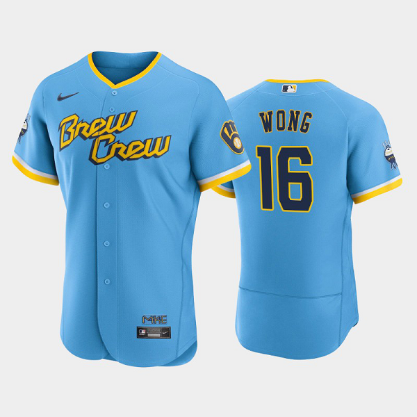 Men's Milwaukee Brewers 2022 City Connect #16 Kolten Wong Flex Base MLB Jersey - Powder Blue