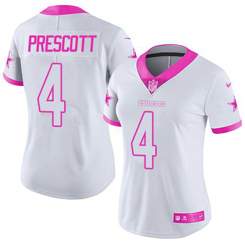 Nike Dallas Cowboys #4 Dak Prescott White/Pink Women's Stitched NFL Limited Rush Fashion Jersey