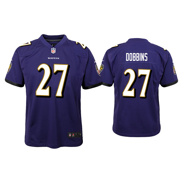 Youth #27 J.K. Dobbins Baltimore Ravens Purple 2020 NFL Draft Game Jersey