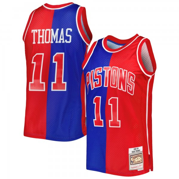 Men's Detroit Pistons Isiah Thomas Mitchell & Ness Blue/Red Hardwood Classics 1988/89 Split Swingman Jersey