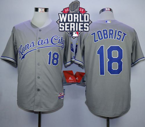 Kansas City Royals #18 Ben Zobrist Grey Cool Base W/2015 World Series Patch Stitched MLB Jersey