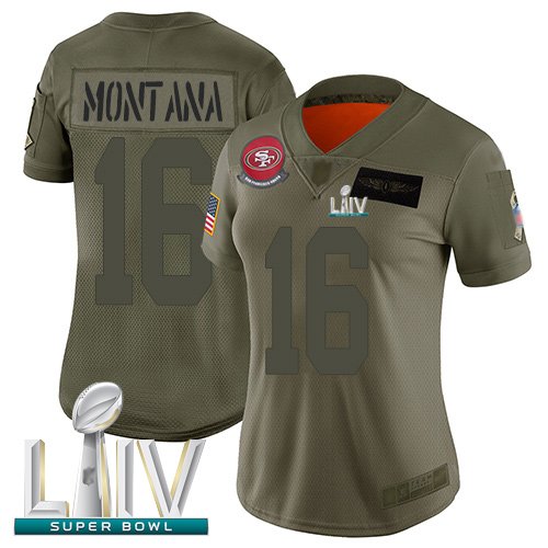 San Francisco 49ers #16 Joe Montana Camo Super Bowl LIV Bound Women's Stitched NFL Limited 2019 Salute to Service Jersey