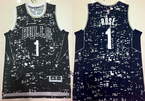 Men's Chicago Bulls #1 Derrick Rose Black City Light Stitched NBA Jersey