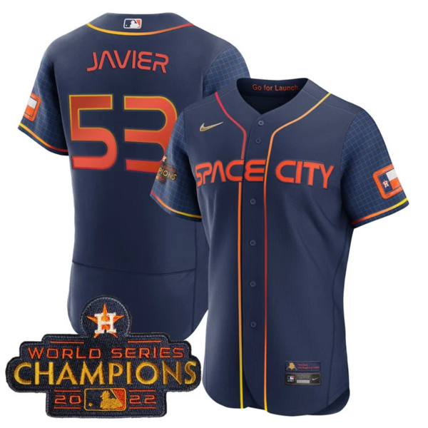 Men's Houston Astros #53 Cristian Javier 2023 Space City Champions Flex Base Navy Jersey