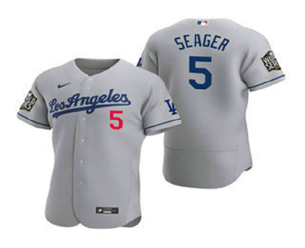 Men's Los Angeles Dodgers #5 Corey Seager Gray 2020 World Series Road Flex Base Nike Jersey