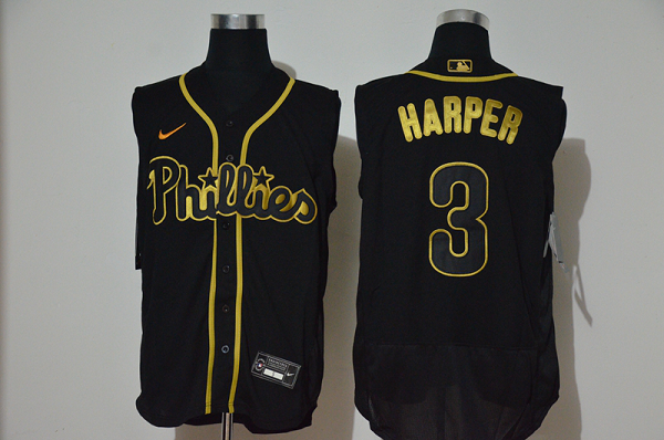 Men's Philadelphia Phillies #3 Bryce Harper Black Golden 2020 Cool and Refreshing Sleeveless Fan Stitched Flex Nike MLB Jersey