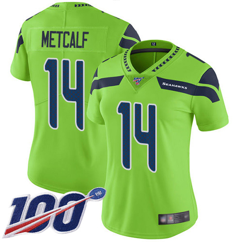 Women's Seattle Seahawks #14 D.K. Metcalf GreenStitched NFL Limited Rush 100th Season Jersey