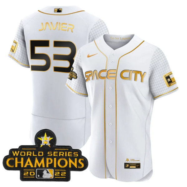 Men's Houston Astros #53 Cristian Javier 2023 Space City Champions Flex Base White Gold Jersey