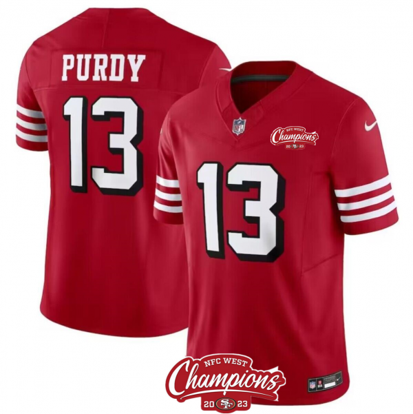 Men's San Francisco 49ers #13 Brock Purdy Red 2023 F.U.S.E. NFC West Champions Patch Alternate Stitched NFL Jersey