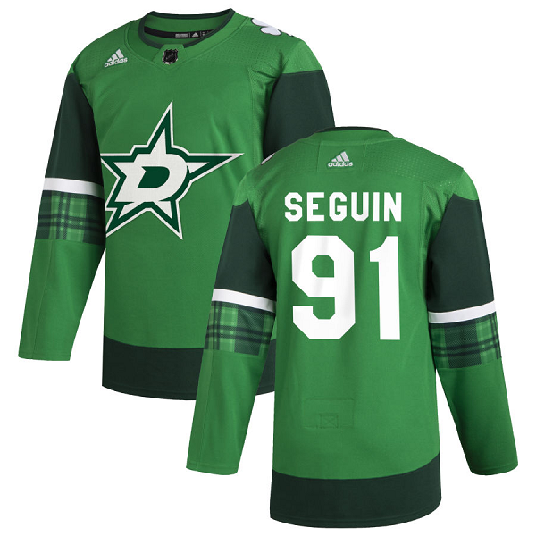 Dallas Stars #91 Tyler Seguin Men's Adidas 2020 St. Patrick's Day Stitched NHL Jersey Green.jpg.jpg