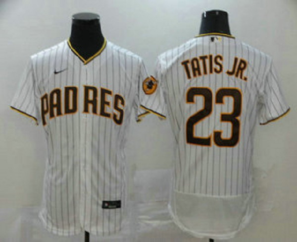 Men's San Diego Padres #23 Fernando Tatis Jr. White Pinstripe Stitched MLB Flex Base Nike Jersey