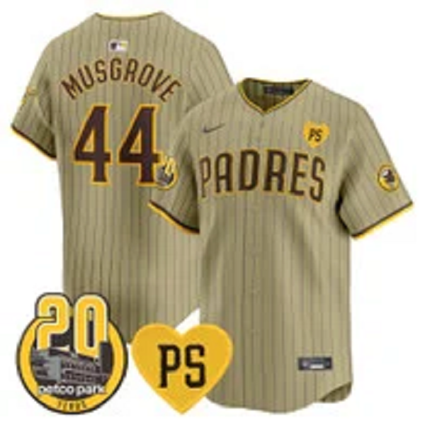 Men's San Diego Padres #44 Joe Musgrove For Peter & Petco Park 20th Patch Vapor Premier Limited All Stitched Cool Base Jersey