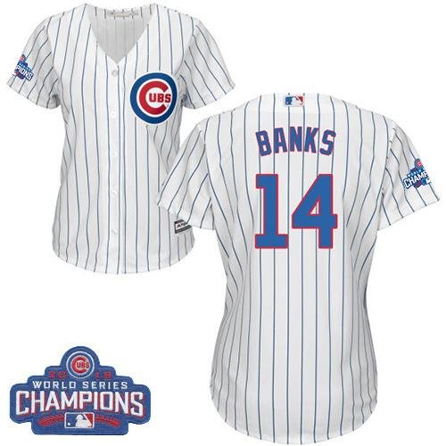 Chicago Cubs #14 Ernie Banks White(Blue Strip) Home 2016 World Series Champions Women's Stitched MLB Jersey