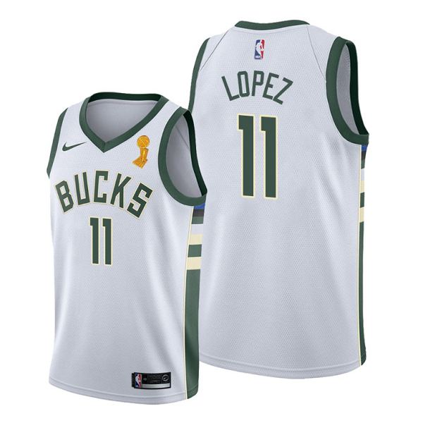 Men's Nike Milwaukee Bucks #11 Brook Lopez 2021 NBA Finals Champions White Jersey