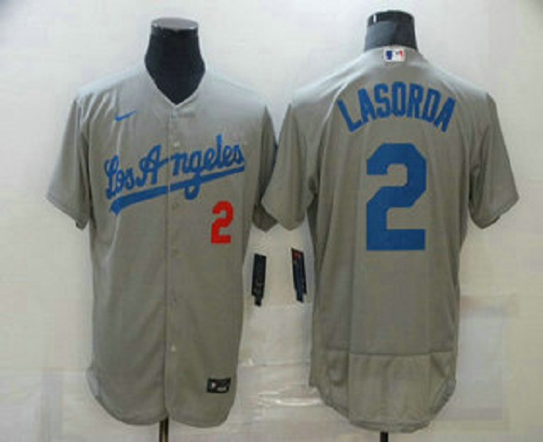 Men's Los Angeles Dodgers #2 Tommy Lasorda Grey Stitched MLB Flex Base Nike Jersey