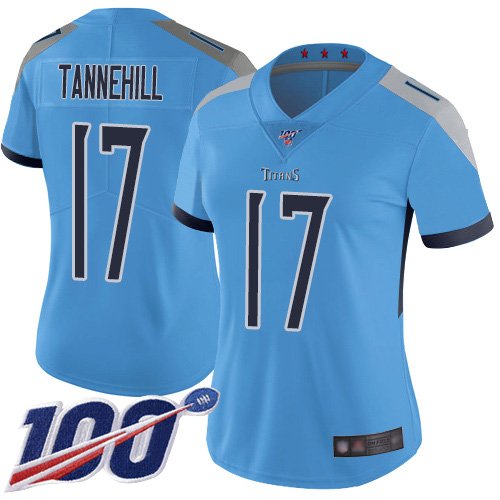 Women's #17 Ryan Tannehill Limited Light Blue NFL Tennessee Titans Alternate 100th Season Vapor Untouchable Jersey