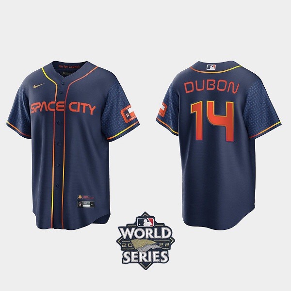 Men's Houston Astros #14 Mauricio Dubon 2022 City Connect Cool Base MLB Jersey with 2022 World Series Patch - Navy