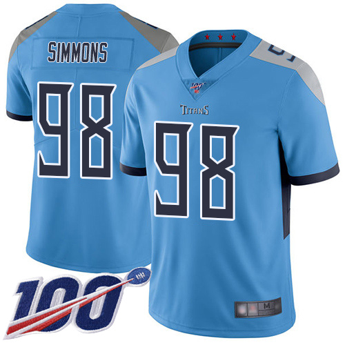 Men's Tennessee Titans #98 Jeffery Simmons Light Blue Alternate Stitched NFL 100th Season Vapor Limited Jersey