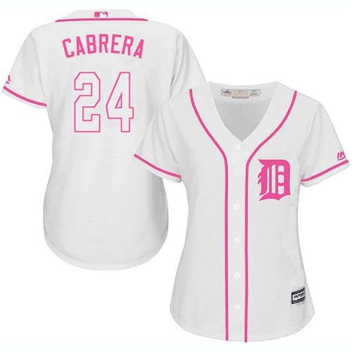 Detroit Tigers #24 Miguel Cabrera White/Pink Fashion Women's Stitched MLB Jersey