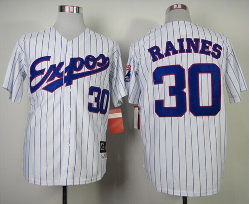 Mitchell And Ness 1982 Montreal Expos #30 Tim Raines White Blue Strip Stitched Throwback MLB Jersey