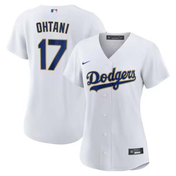 Women's Los Angeles Dodgers #17 Shohei Ohtani Cool Base Nike Gold Trim White Jersey