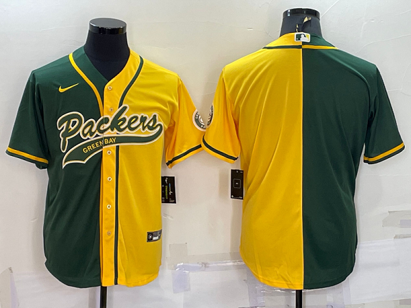 Men's Green Bay Packers Blank Green Yellow Split Stitched Baseball Cool Base Jersey