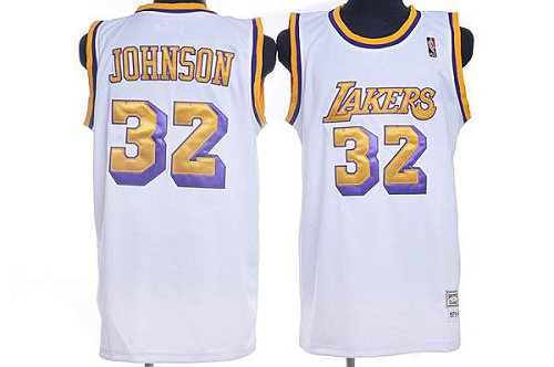 Mitchell and Ness Men's Los Angeles Lakers #32 Orlando Magic Johnson Stitched White Throwback NBA Jersey