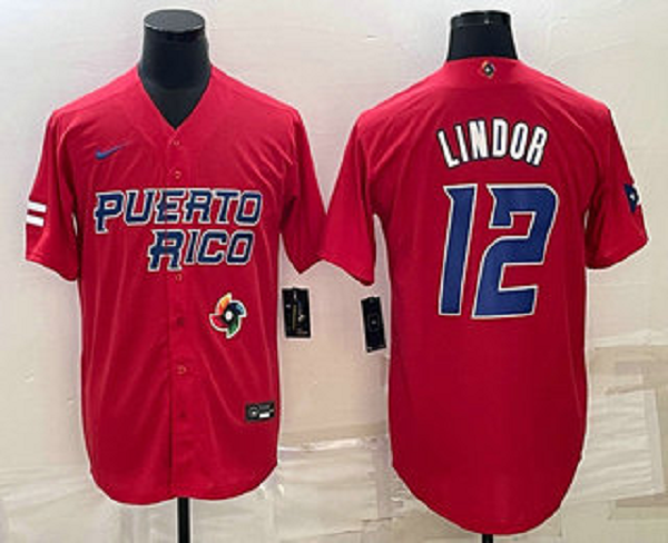 Men's Puerto Rico Baseball #12 Francisco Lindor 2023 Red World Baseball Classic Stitched Jersey