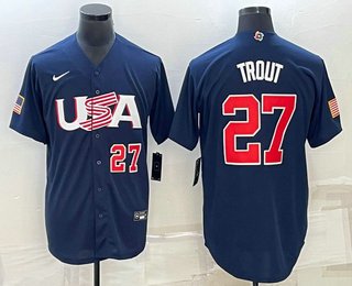 Men's USA Baseball #27 Mike Trout 2023 Navy World Baseball Classic Stitched Jerseys