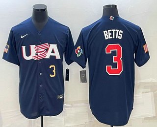 Mens USA Baseball #3 Mookie Betts 2023 Navy World Baseball Classic Stitched Jersey