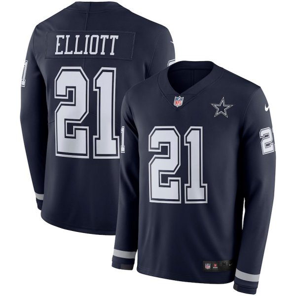 Men's Dallas Cowboys #21 Ezekiel Elliott Nike Navy Therma Long Sleeve Jersey