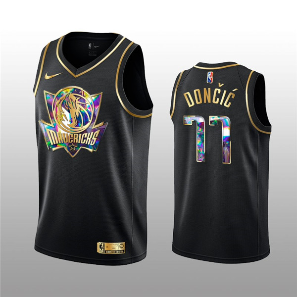 Men's Dallas Mavericks #77 Luka Doncic 2021/22 Black Golden Edition 75th Anniversary Diamond Logo Stitched NBA Jersey