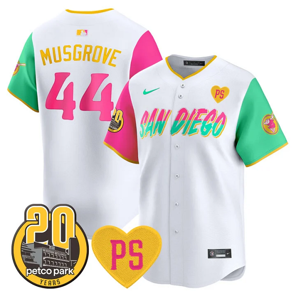 Men's San Diego Padres #44 Joe Musgrove For Peter & Petco Park 20th Patch Vapor Premier Limited All Stitched Cool Base Jersey