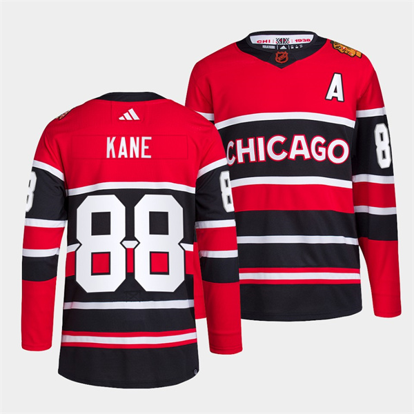 Men's Chicago Blackhawks #88 Patrick Kane Red Black 2022 Reverse Retro NHL Jersey