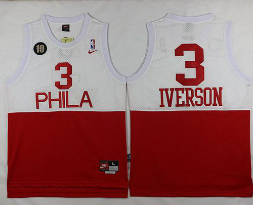 Men's Nike Philadelphia 76ers #3 Allen Iverson White/Red Throwback Stitched NBA Jersey