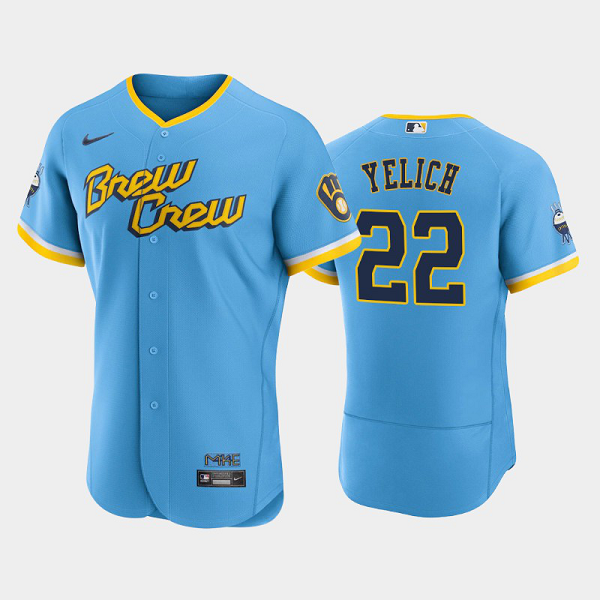 Men's Milwaukee Brewers 2022 City Connect #22 Christian Yelich Flex Base MLB Jersey - Powder Blue